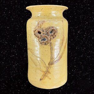 Studio Art Pottery Vase Primitive Style‎ With Textured Flower Hand Made Signed